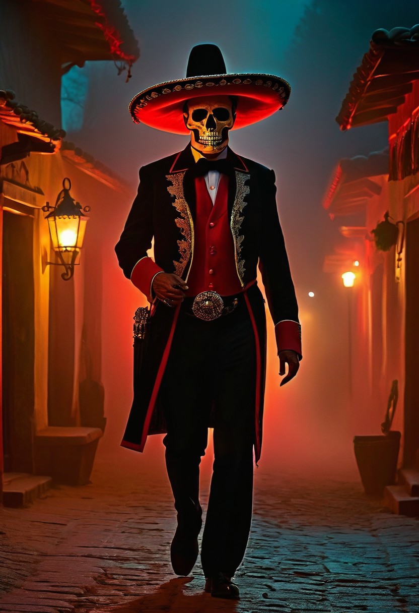 old town, intense fog, midnight light, tall man, Mariachi, a skull head, red shining eyes, smok from the mouth, walking, footsteps of fire