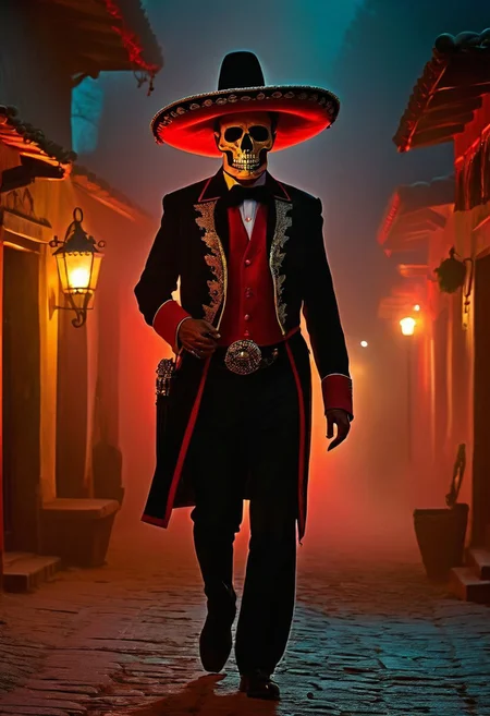 old town, intense fog, midnight light, tall man, Mariachi, a skull head, red shining eyes, smok from the mouth, walking, footsteps of fire