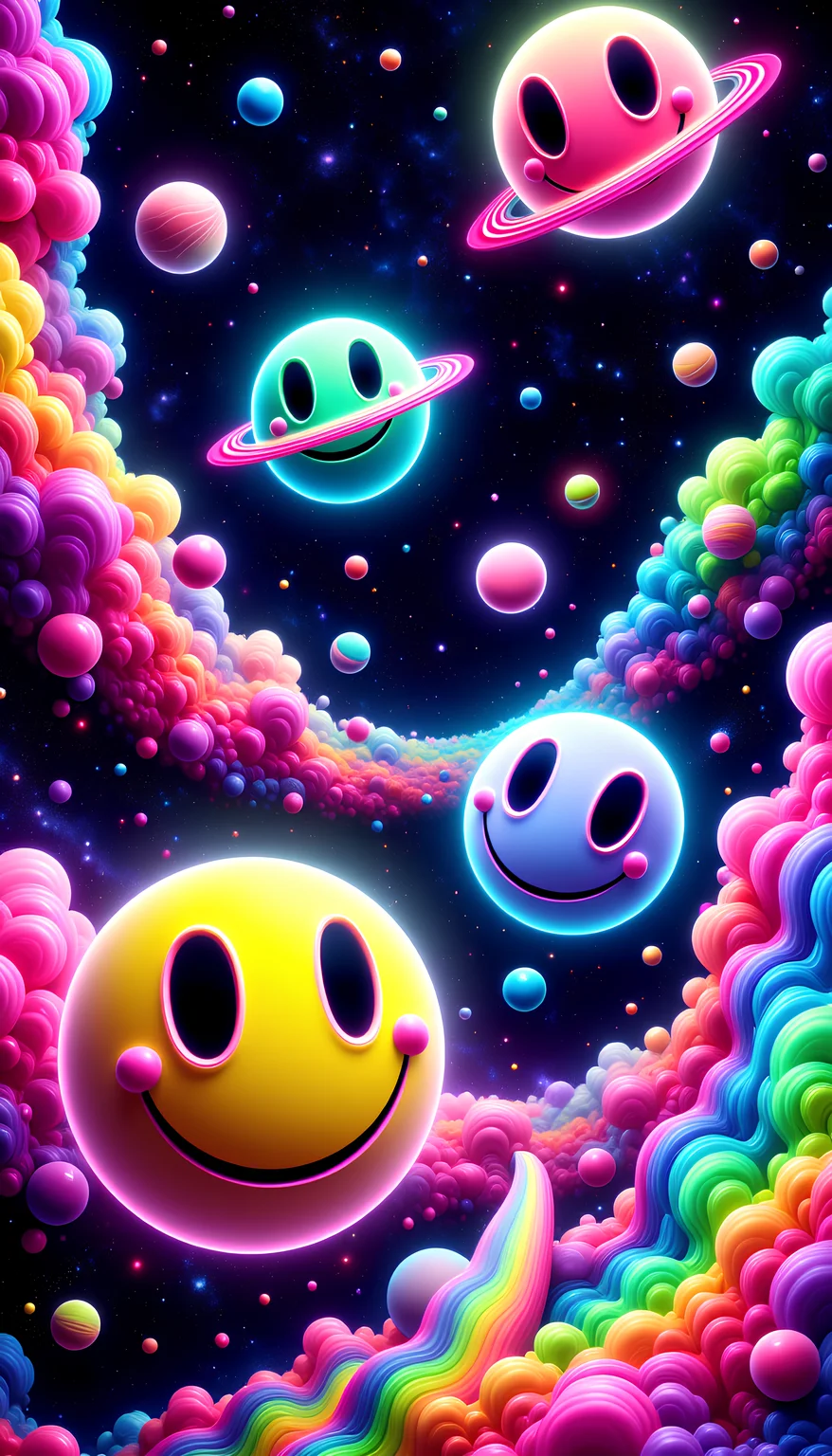 A vast, surreal universe in the PsyDreamer style, filled with swirling galaxies, vibrant nebulas, and colorful cosmic clouds. Among the stars, planets float, each one resembling a classic smiley face with a trippy twist. The smileys have large, round, hypnotic eyes that spiral inward, pulling the viewer into a mesmerizing gaze. Their faces are painted in vivid neon colors like bright yellow, hot pink, and glowing green, with expressions that are playful yet entrancing. The planets are surrounded by soft, pulsating auras that radiate psychedelic patterns, adding to the dreamlike, otherworldly vibe. The entire scene is alive with rainbow light trails, creating a captivating, trippy universe that perfectly embodies the PsyDreamer style. aidmaimageupgrader