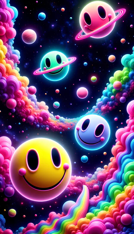 A vast, surreal universe in the PsyDreamer style, filled with swirling galaxies, vibrant nebulas, and colorful cosmic clouds. Among the stars, planets float, each one resembling a classic smiley face with a trippy twist. The smileys have large, round, hypnotic eyes that spiral inward, pulling the viewer into a mesmerizing gaze. Their faces are painted in vivid neon colors like bright yellow, hot pink, and glowing green, with expressions that are playful yet entrancing. The planets are surrounded by soft, pulsating auras that radiate psychedelic patterns, adding to the dreamlike, otherworldly vibe. The entire scene is alive with rainbow light trails, creating a captivating, trippy universe that perfectly embodies the PsyDreamer style. aidmaimageupgrader