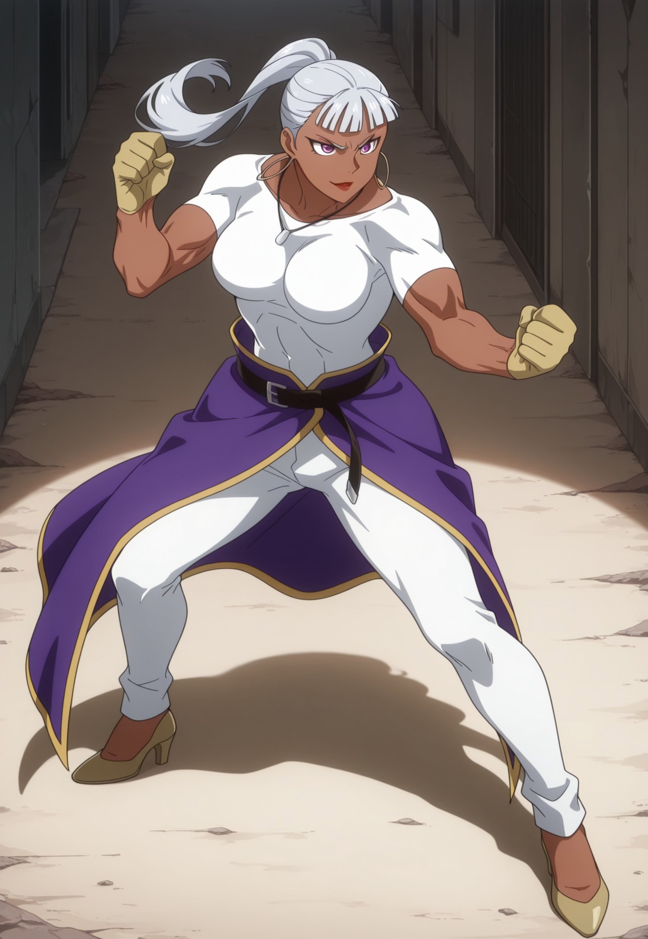 masterpiece, best quality, detailed, anime, full body, serious, small smirk, 1girl, solo, Drsala, dark-skinned female, white hair, bangs, ponytail, purple eyes, muscular female, breasts, lipstick, shirt, waist cape, tight pants, gloves, hoop earrings, necklace, shoes, heels, fighting stance, fists,