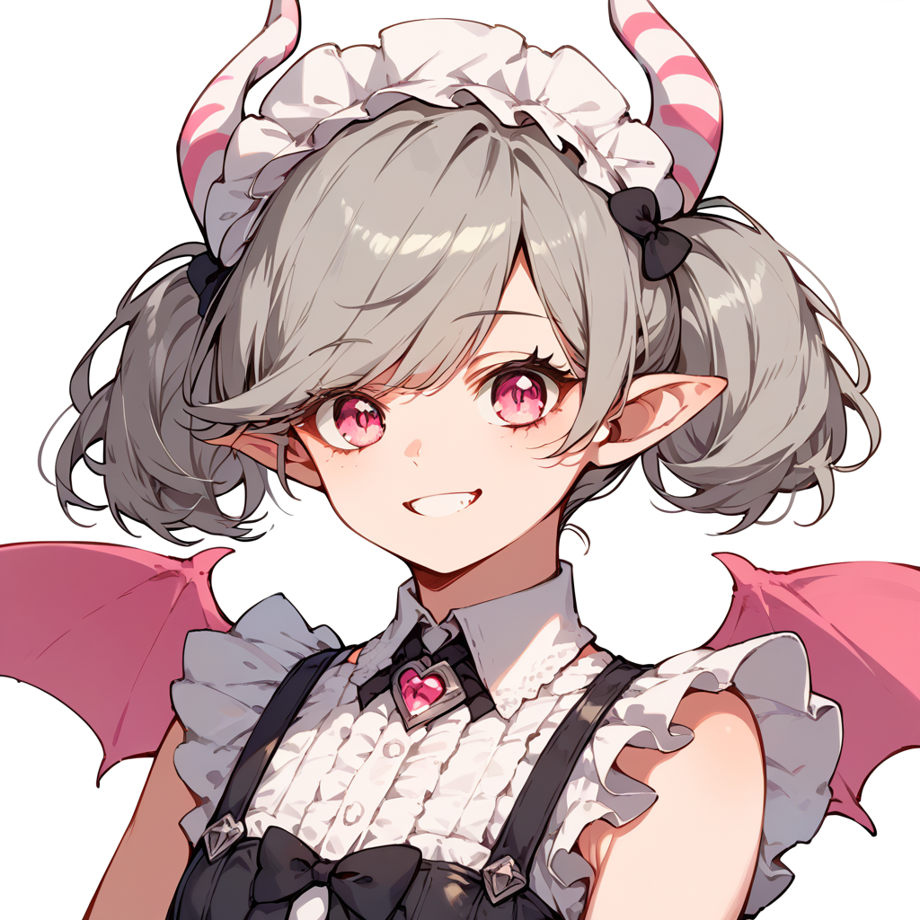 score_9, score_8_up, score_7_up,
simple background, smile,
1girl, solo, ariane, grey hair, short twintails, pink eyes, maid headdress, horns, mini demon wings, pointy ears, 
 <lora:ariane_pony_v1:0.7>