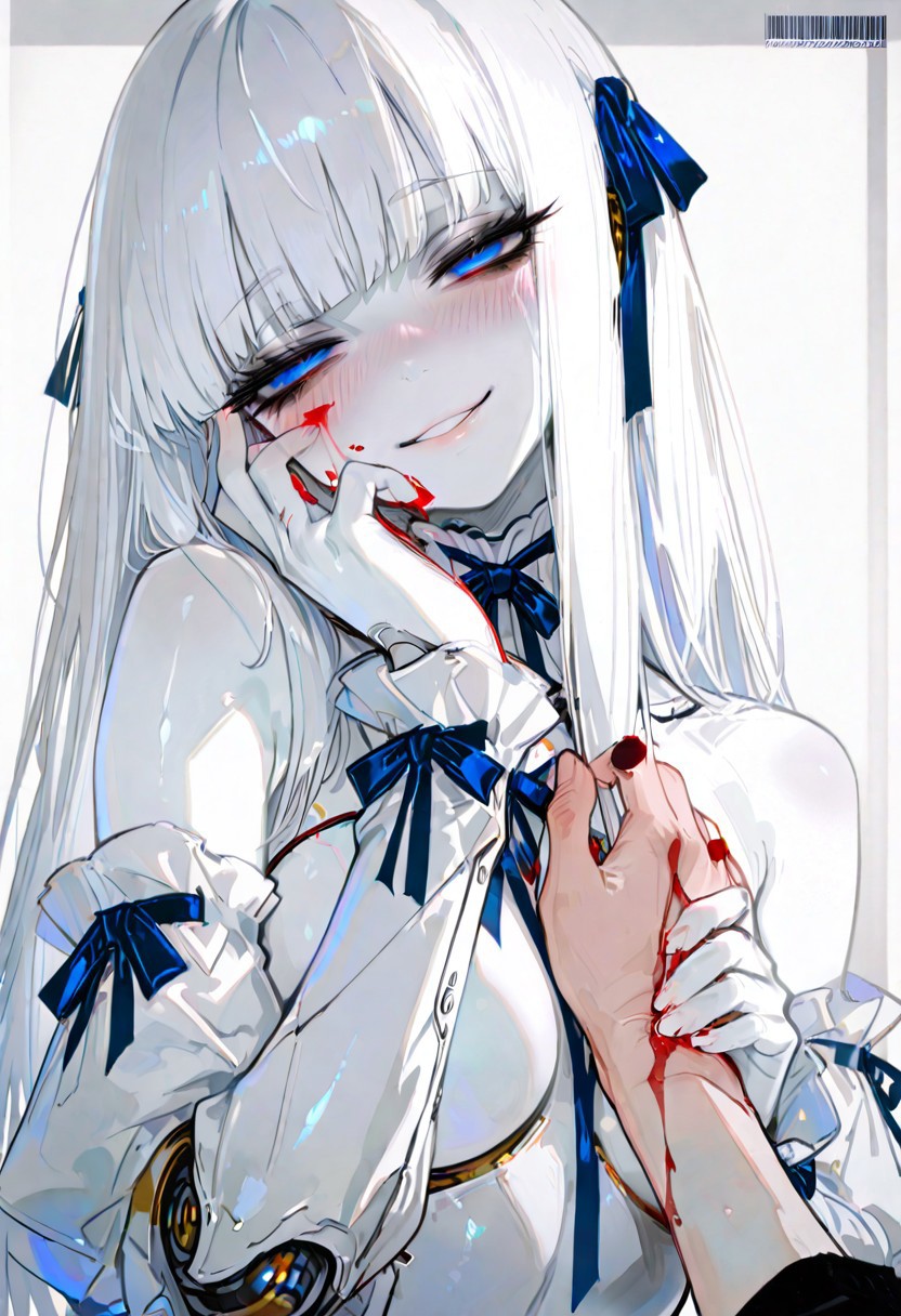 masterpiece, best quality, good quality, newest, highres, absurdres, volumetric lighting,gradient color,
BREAK 
raytracing, volumetric lighting, ambient occlusion, Background, girl, 
BREAK
Automaton, colored skin, robot girl, (white_skin:2.0), joints, white hair, blue eyes, long hair, bangs,
metal_skin, no nipples, metal_skin, barcode,
blunt bangs, blush, long hair,  eyelashes, half-closed eyes, bare shoulders, hand grab, hands up, head tilt, ribbon, smile, detached sleeves, very awa, masterpiece, highres, absurdres, yandere, gesugao, blood on face, smeared blood, blood on hands, blood on fingers, masterpiece, best quality, very awa, absurdres