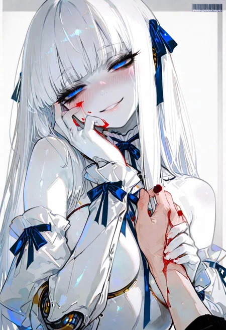 masterpiece, best quality, good quality, newest, highres, absurdres, volumetric lighting,gradient color,
BREAK
raytracing, volumetric lighting, ambient occlusion, Background, girl,
BREAK
Automaton, colored skin, robot girl, (white_skin:2.0), joints, white hair, blue eyes, long hair, bangs,
metal_skin, no nipples, metal_skin, barcode,
blunt bangs, blush, long hair, eyelashes, half-closed eyes, bare shoulders, hand grab, hands up, head tilt, ribbon, smile, detached sleeves, very awa, masterpiece, highres, absurdres, yandere, gesugao, blood on face, smeared blood, blood on hands, blood on fingers, masterpiece, best quality, very awa, absurdres