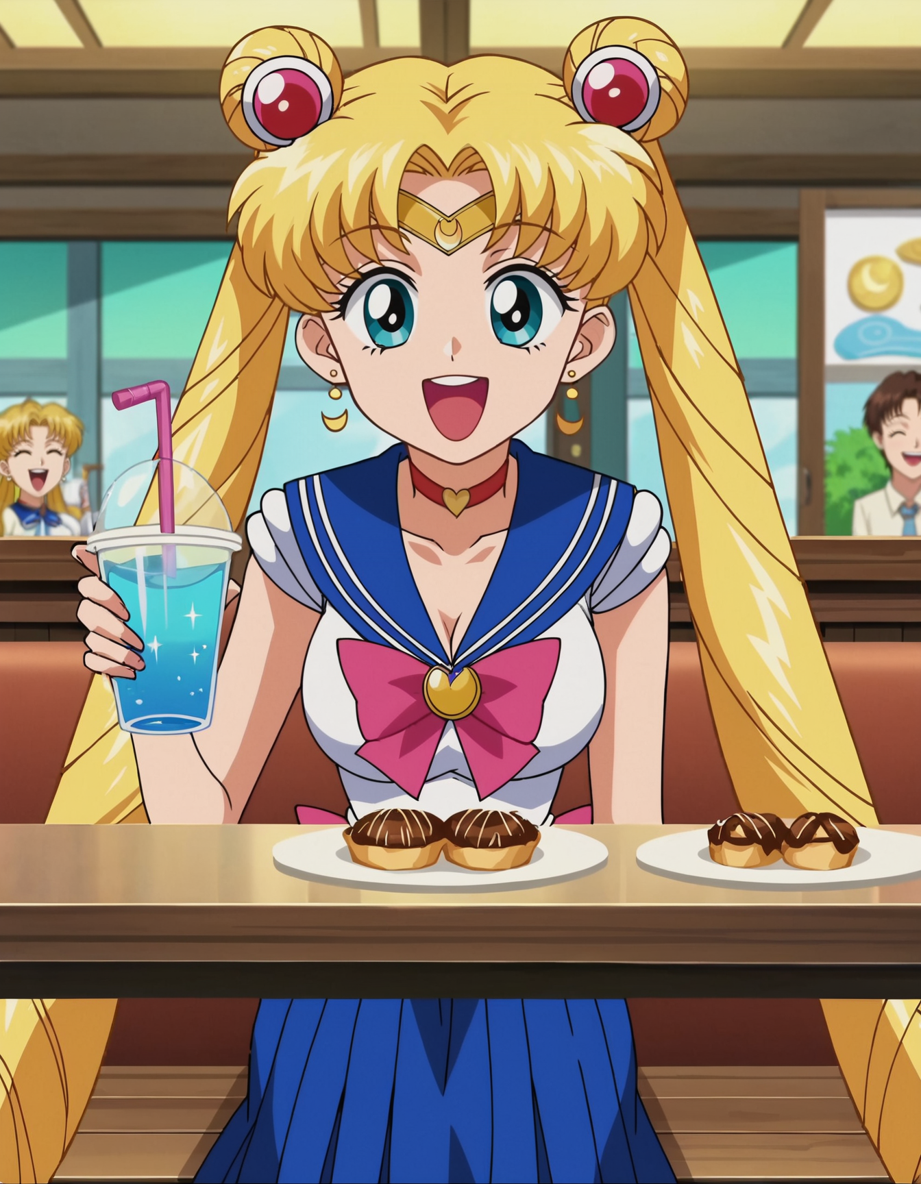 score_9, score_8_up, score_7_up, BREAK
(masterpiece, best quality, 8k resolution, (anime screencap:1.5)), Tsukino Usagi, Sailor Moon, long blonde hair with twin tails, wearing a cute outfit, sitting at a cafe table with her friends, happy and laughing expression, detailed background with cozy cafe interior, pastries and drinks on the table, 2d anime style, intricate details in their outfits and the cafe decor, warm and inviting atmosphere, depth of field, volumetric lighting, high dynamic range, vibrant and cheerful environment