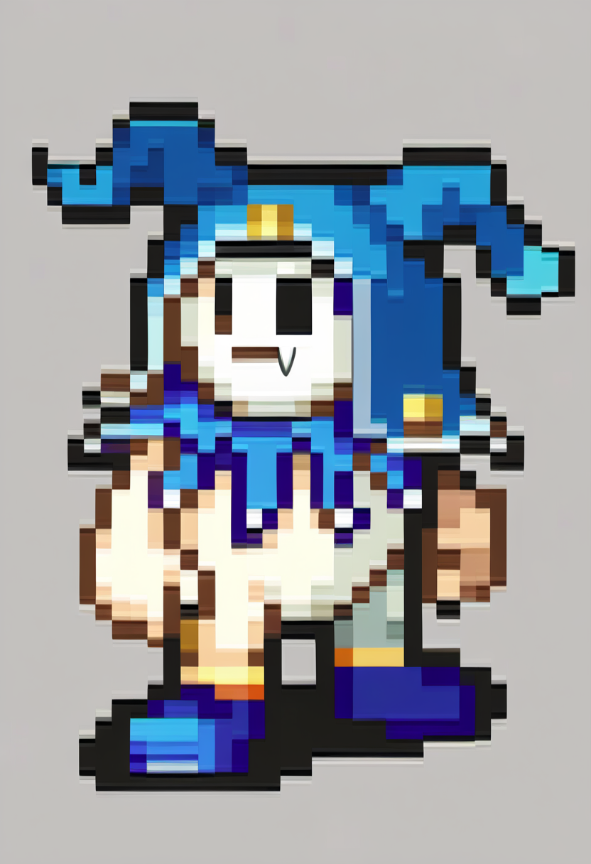 score_9, score_8_up, score_7_up, source_anime, BREAK, solo, full body, standing,  <lora:FEGBA-SpritesV2-pdxl_Fp:1>, simple background, pixel art,  <lora:Jack-Frost-pdxl_Fp:1>, jackfrostsmt, creature, white skin, solid oval eyes, :d, fangs, jester cap, blue footwear, no humans,