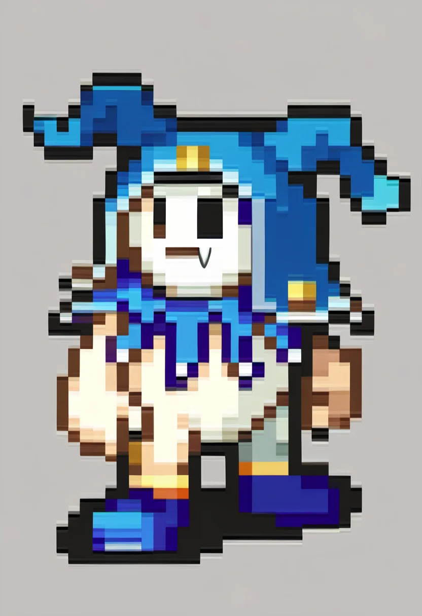 score_9, score_8_up, score_7_up, source_anime, BREAK, solo, full body, standing, <lora:FEGBA-SpritesV2-pdxl_Fp:1>, simple background, pixel art, <lora:Jack-Frost-pdxl_Fp:1>, jackfrostsmt, creature, white skin, solid oval eyes, :d, fangs, jester cap, blue footwear, no humans,