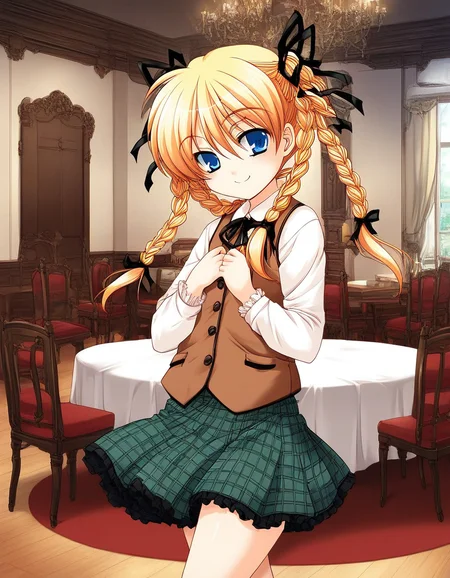 score_9, score_8_up, score_7_up, source_anime, rating_explicit, BREAK <lora:Itsukiï¼Imi_Ver2.0_XL:1> Itsukiï¼Imi, blonde hair, blue eyes, ribbon, long hair, hair ribbon, braid, twin braids,
short stack,
brown vest, checked skirt, green skirt, long skirt,
smile,
looking at viewer,
cowboy_Shot,
room, chair, red carpetm