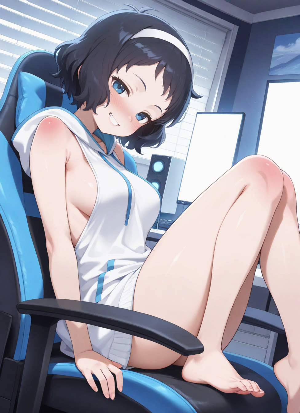 1girl, solo, rana, blue eyes, black hair, short hair, hairband, hooded dress, sleeveless, pants, bottomless, oversized clothes, smile, sitting, dutch angle, gaming chair, computer, from side, barefoot, foot, medium breasts,, <BREAK> , masterpiece, amazing quality, best quality, ultra-detailed, 8K, illustration, CG, clear skin, ultra-detailed-eyes, soft skin,, , sexually suggestive, naughty face, horny, naughty face, nose blush,, <BREAK> (body blush:1.2),