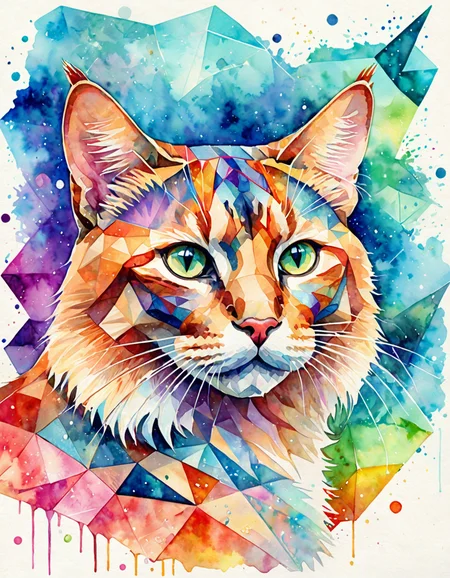 Geometric watercolor painting of a cat, polygonal and angular design, high detail, vibrant colors, ethereal, soft lighting, intricate geometric patterns, abstract polygonal art, symmetrical, modern design, futuristic, watercolor wash, fluid patterns, multiple shades, rich depth, dramatic pose