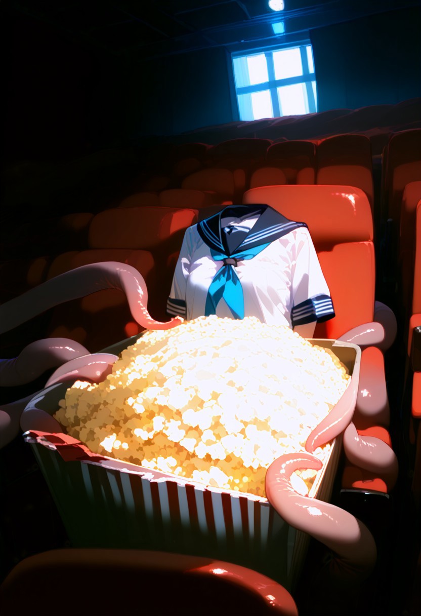 score_9, score_8_up, score_7_up,
source_anime,zPDXL2,
BREAK 
soro,StudentofMisery,white shirt,neckerchief,pleated skirt,sailor collar,headless, 
BREAK
sitting,
(shokusyu, tentacles,tentacles pit),restrained,
shiny skin, shiny, oily skin, 
movi3theater, red seats, dark room, popcorn