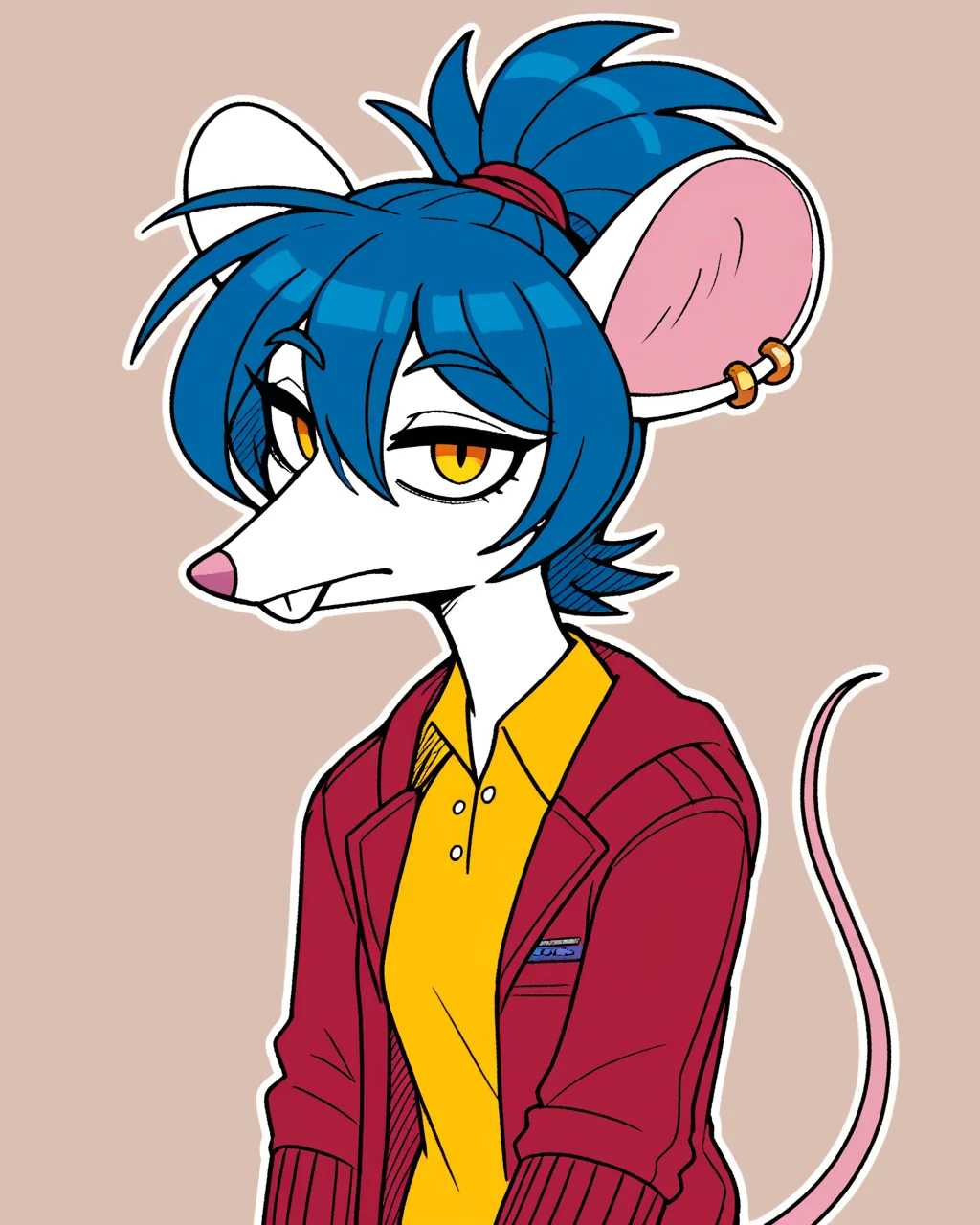 score_9_up, score_8_up, score_7_up, score_6_up, by remanedur, half-length portrait, rat, furry female, yellow eyes, blue hair, white body, female, furry, tail, red jacket, ear piercing, open jacket, hair between eyes, ponytail, looking at viewer, yellow shirt, polo shirt, jeans, solo, neutral expression, three-quarter view, head tilt, simple background, white outline,  <lora:Leah_Pines(AIM)_XL_v1:0.15> <lora:PDXL_artist_tags_v2_big:0.5> <lora:The-Minuscule-Task_PDXL_v1.0:0.6>    <lora:Bianca_Drawligator:0.5>