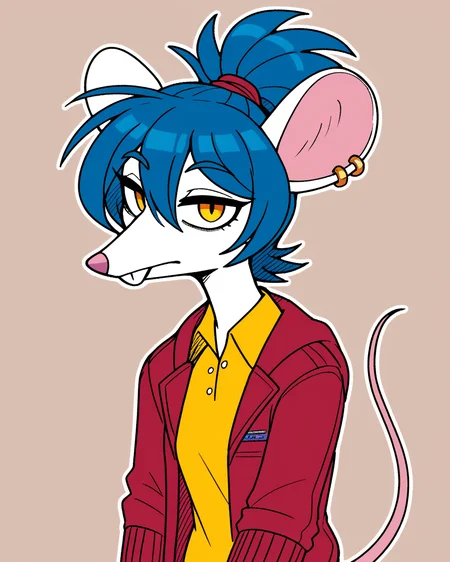 score_9_up, score_8_up, score_7_up, score_6_up, by remanedur, half-length portrait, rat, furry female, yellow eyes, blue hair, white body, female, furry, tail, red jacket, ear piercing, open jacket, hair between eyes, ponytail, looking at viewer, yellow shirt, polo shirt, jeans, solo, neutral expression, three-quarter view, head tilt, simple background, white outline, <lora:Leah_Pines(AIM)_XL_v1:0.15> <lora:PDXL_artist_tags_v2_big:0.5> <lora:The-Minuscule-Task_PDXL_v1.0:0.6> <lora:Bianca_Drawligator:0.5>