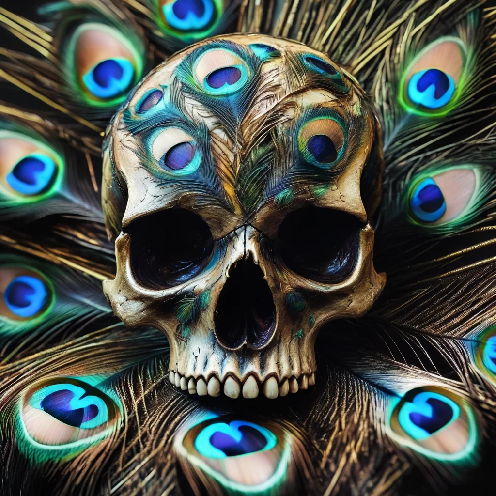 pavolaris skull with peacock feathers, professional photo, expressive, detailed, sharpened, cinematic<lora:pavolaris:1>