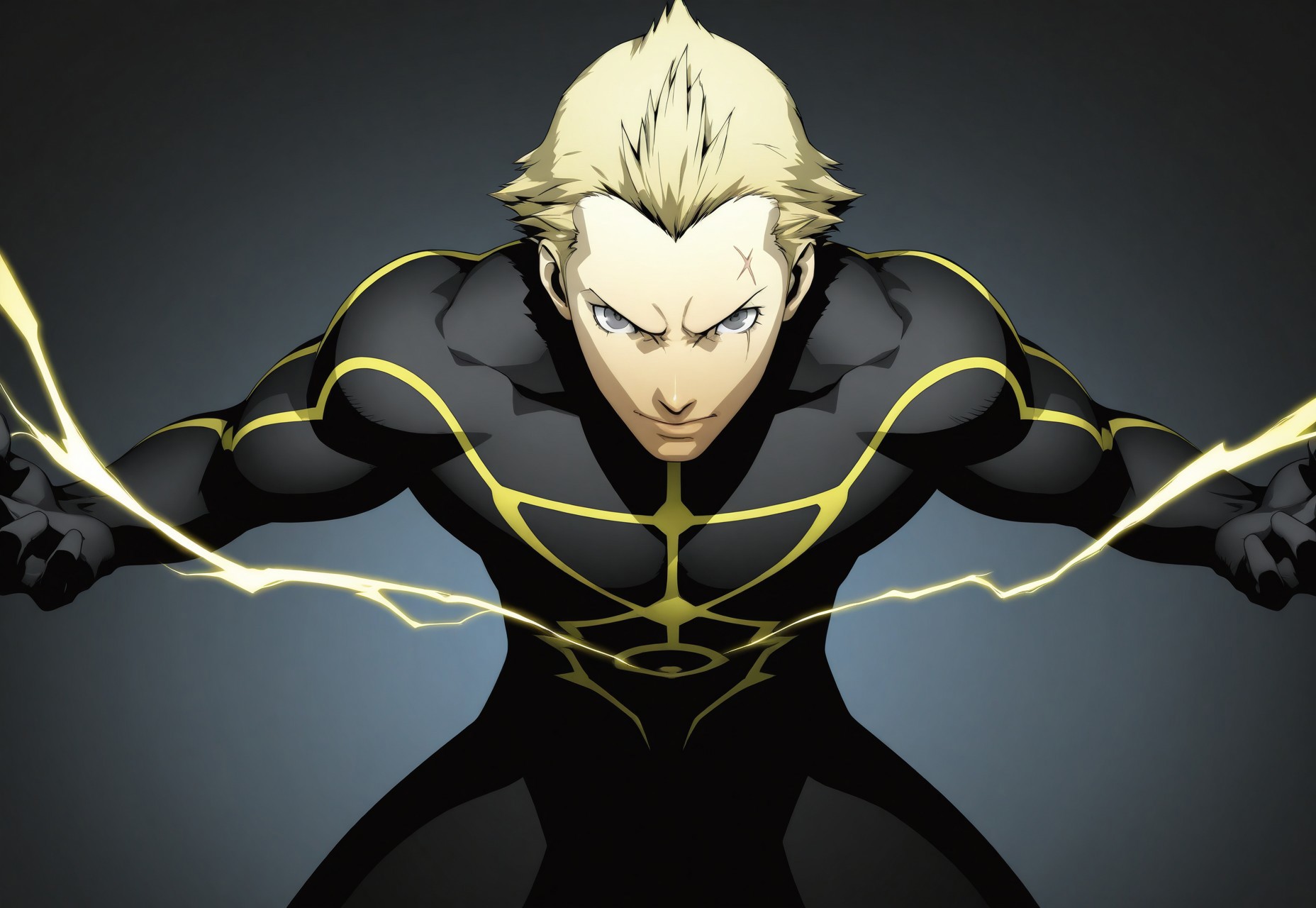 nsfw, masterpiece, best quality, newest, absurdres,anime,official artwork,persona, soejima shigenori,1boy, bara, solo, male focus, tatsumi kanji,bleached hair,blonde hair,grey eyes,scar above left eye, black bodysuit (lightning pattern), casting yellow lightning from fingers, casting lightning at viewer, standing up, fighting pose