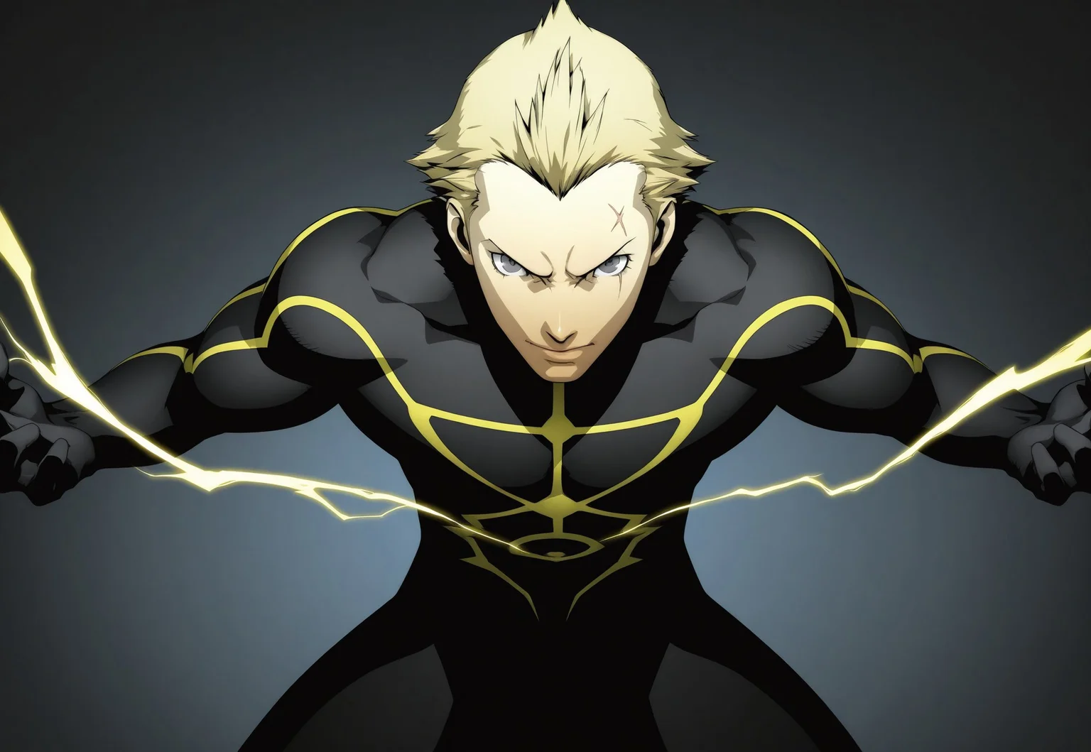 nsfw, masterpiece, best quality, newest, absurdres,anime,official artwork,persona, soejima shigenori,1boy, bara, solo, male focus, tatsumi kanji,bleached hair,blonde hair,grey eyes,scar above left eye, black bodysuit (lightning pattern), casting yellow lightning from fingers, casting lightning at viewer, standing up, fighting pose