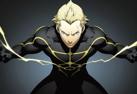 nsfw, masterpiece, best quality, newest, absurdres,anime,official artwork,persona, soejima shigenori,1boy, bara, solo, male focus, tatsumi kanji,bleached hair,blonde hair,grey eyes,scar above left eye, black bodysuit (lightning pattern), casting yellow lightning from fingers, casting lightning at viewer, standing up, fighting pose