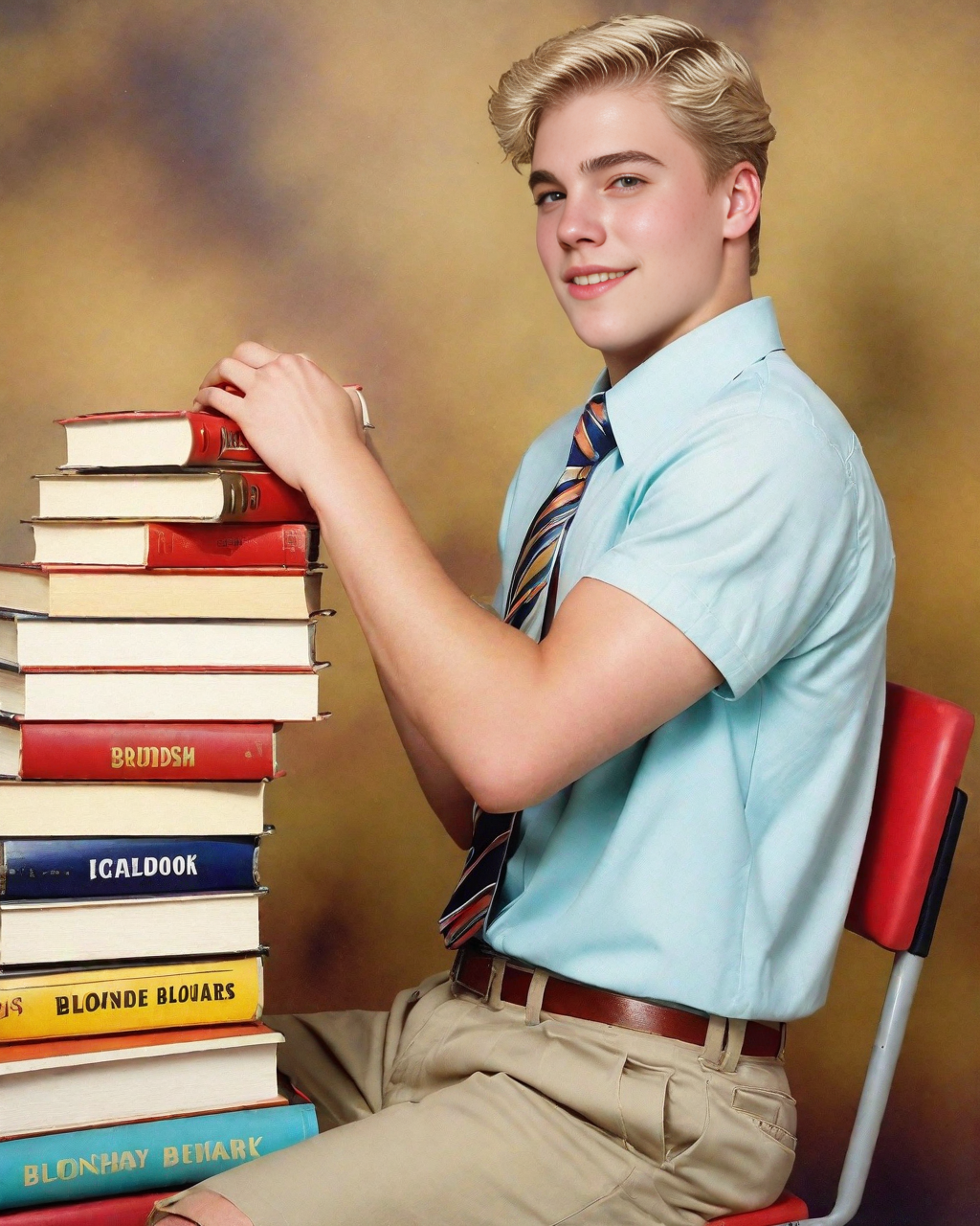 yearbook shot, bookwork pose, medium full shot, side view, man,  blonde, sitting on chair, hands on books, blonde eyebrows, caucasian.
yearbook background.
 <lora:yearbookshot_v1:0.8>