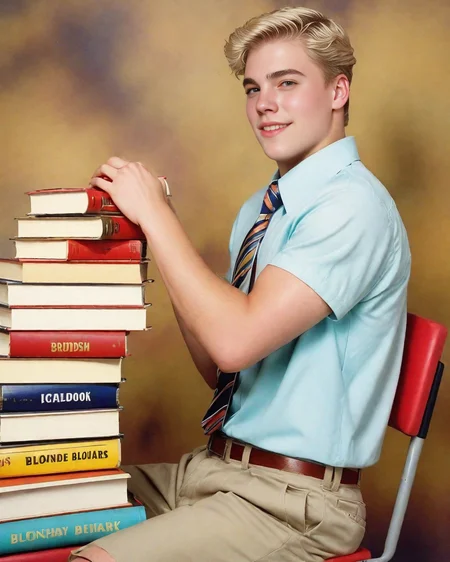 yearbook shot, bookwork pose, medium full shot, side view, man, blonde, sitting on chair, hands on books, blonde eyebrows, caucasian.
yearbook background.
<lora:yearbookshot_v1:0.8>