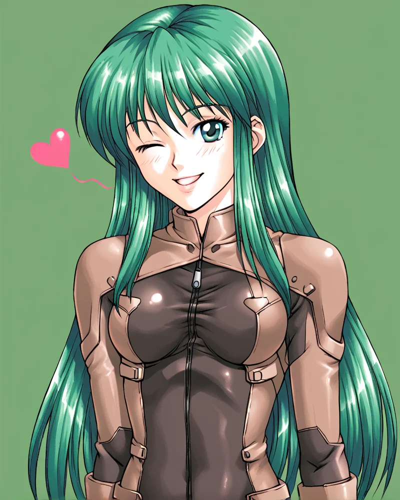 <lora:May_Greenfield_Armored_Core_FORPONY:1>may greenfield, 1girl, green hair, long hair, solo, wink, heart shape, green theme, bodysuit, (score_9), detailed <lora:Figure_-_Ubawareta_Houkago_Style_ForPony:1>