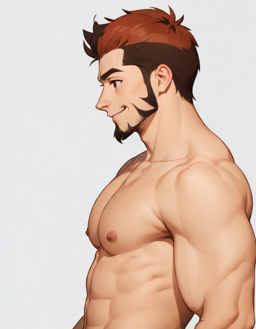 illMaleupBody, solo, smile, simple background, brown hair, white background, brown eyes, nipples, upper body, male focus, nude, multicolored hair, from side, muscular, facial hair, abs, pectorals, muscular male, bara, beard, mature male, goatee, 1boy
<lora:ILLå¡é2Dç·å­ä¸èº«illMaleupBody:0.8>,