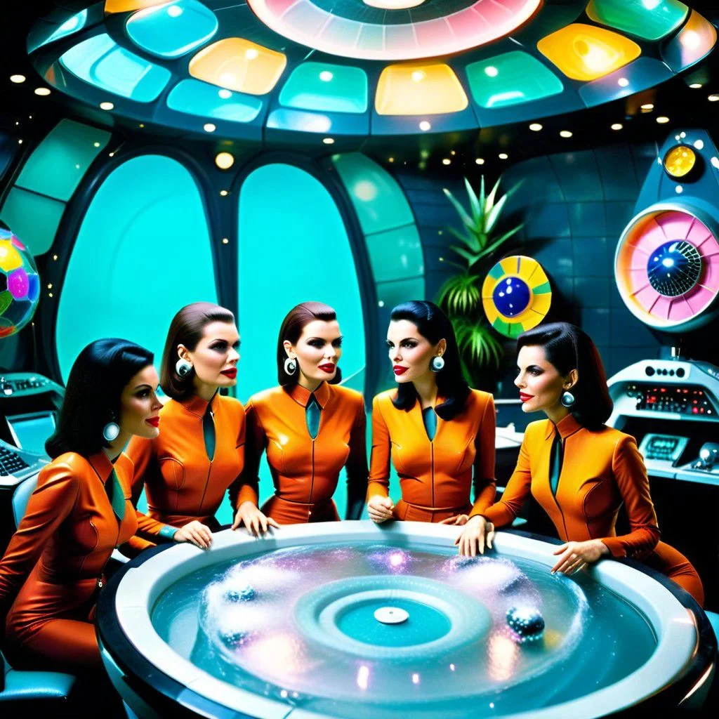 An award winning photograph, powerful but sexy brunette co-ed executives in a meeting room with a glass hottub partying like it's 1999 aboard a futuristic tropical interstellar space craft, 1960s Brazilian Tropicalia science fiction B-movie,
