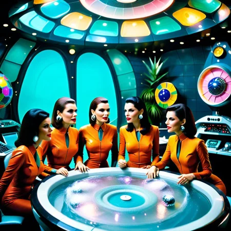 An award winning photograph, powerful but sexy brunette co-ed executives in a meeting room with a glass hottub partying like it's 1999 aboard a futuristic tropical interstellar space craft, 1960s Brazilian Tropicalia science fiction B-movie,