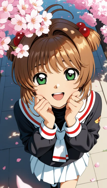 (masterpiece, best quality), amazing quality, very aesthetic, absurdres, highres, newest, HDR, 8K, anime style, chiaroscuro, impasto, intrinsic light, luster, shiny color, strong coloring, masterful shading,
1girl, kinomoto sakura\(cardcaptor sakura)\, tomoeda elementary school uniform, upper body, rubbing cheeks, round teeth, close-up, couple, cherry blossom trees, walking, dappled sunlight, sunlight through the trees, soaring petals, flare, happy, smile, dutch angle, from above, three-quarter view, canted angle,