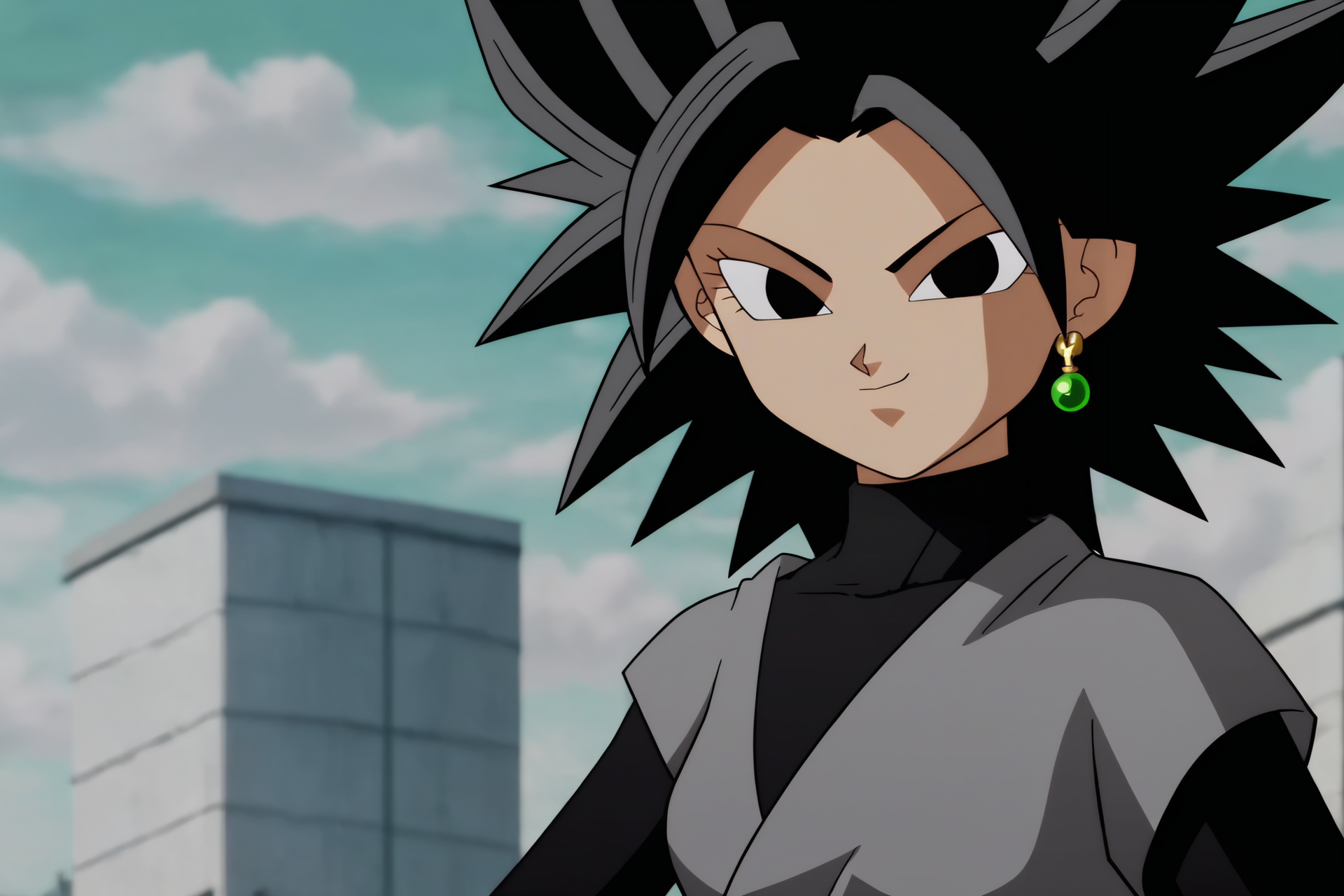 source_anime, score_9, score_8_up, score_7_up, anime screencap,8k, absurd res,
caulifla, 1girl, solo, looking at viewer, black hair, closed mouth, upper body, earrings, black eyes, green sky, ruined city, spiked hair, potara earrings, , dougi, grey topwear, turtleneck, black undershirt, long sleeves, v-shaped eyes, v-shaped eyebrows
 <lora:caulifla_pony_v2:0.8>