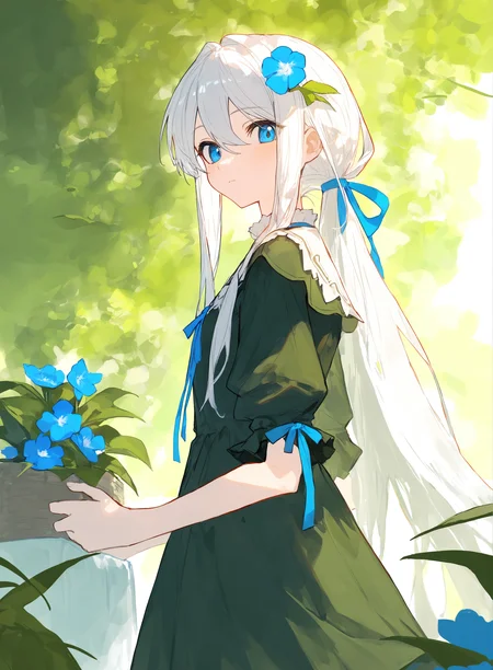 best quality,masterpiece,absurdres,newest,
<lora:damcstyle_N-000018:1> ,
1girl, solo, looking at viewer, blue eyes, hair ornament, dress, ribbon, hair between eyes, closed mouth, upper body, white hair, flower, sidelocks, puffy sleeves, hair flower, black dress, from side, looking to the side, plant, blue ribbon, green dress, green theme, sleeves past elbows | This is a digital painting by artist Bihon, featuring a young girl with pale skin and long, flowing white hair adorned with a blue flower. Her wide, innocent blue eyes and delicate features give her a gentle, ethereal appearance. She wears a dark, flowing dress with teal accents, including a bow at the neck and a ribbon tied into a bow on her upper chest. The background is an out-of-focus, lush forest with verdant green tones, suggesting a serene, natural setting. The lighting appears soft and diffused, likely simulating natural light filtering through the trees, casting a gentle glow on the girl's face and hair. The image is seen from a slightly low angle, emphasizing her delicate figure and the depth of the surrounding foliage.