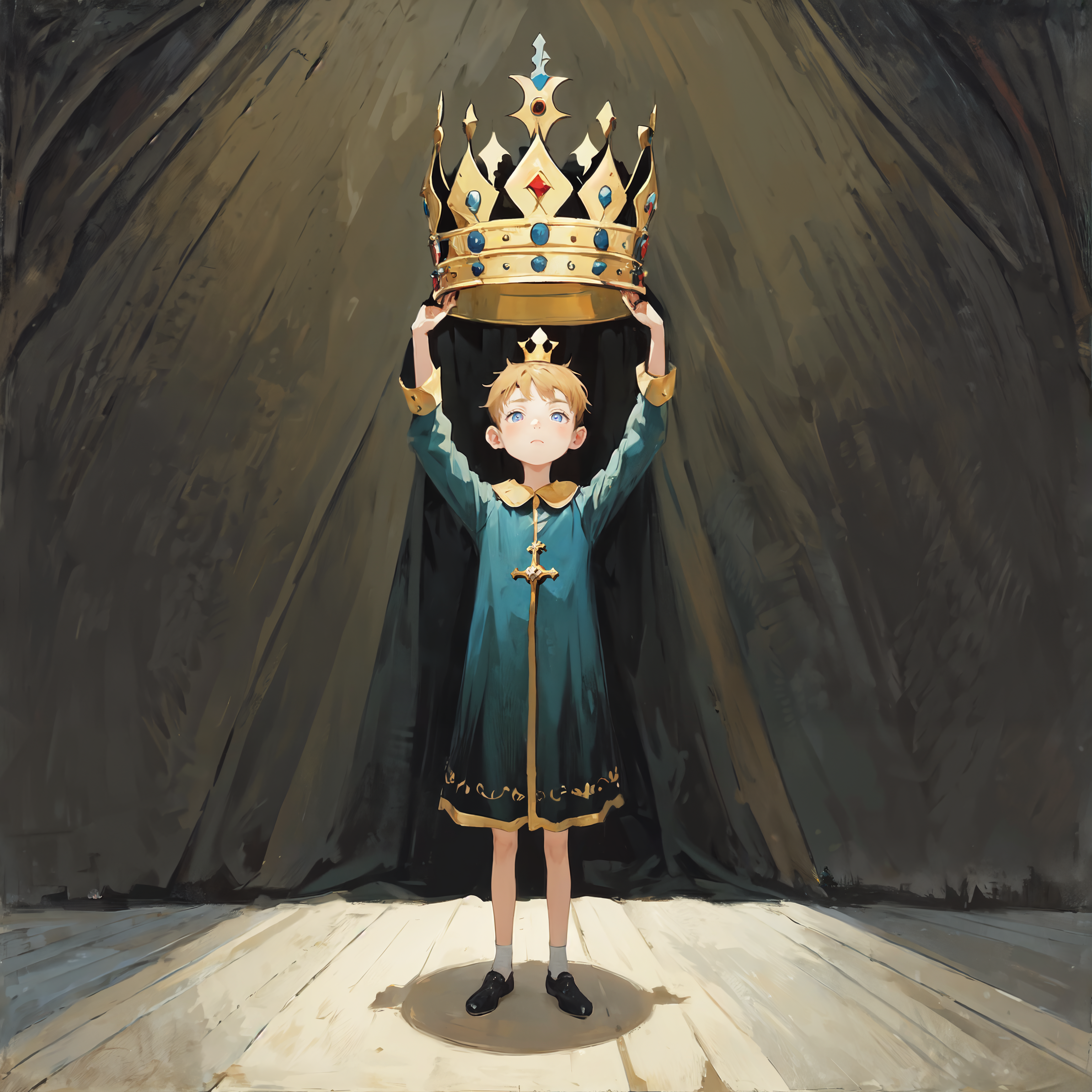 boy trying to reach a crown, medieval, scene by Amy Earles, abstract-expressionism, dark, gestural, watercolor, whimsical,