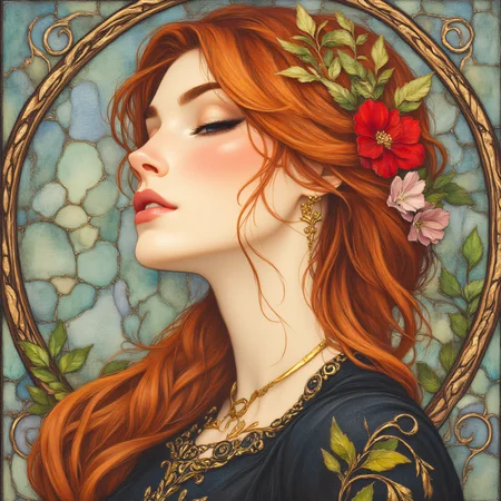 ArsMJStyle, art nouveau,, The image shows a painting of a woman with red hair and flowers in her hair surrounded by leaves and stems., 1girl, solo, flower, closed eyes, earrings, red hair, jewelry, hair flower, hair ornament, long hair