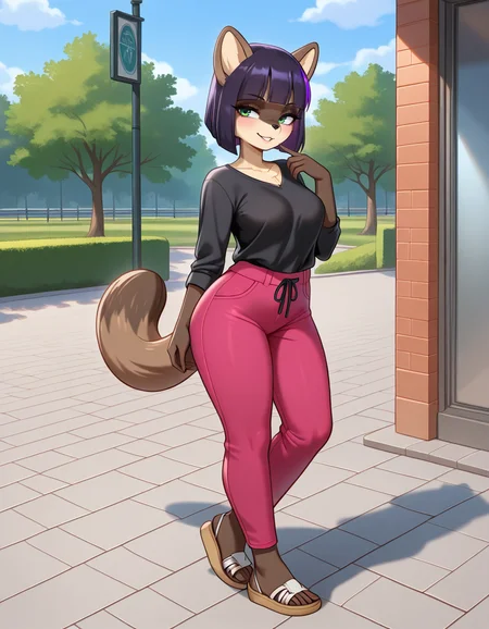masterpiece, best quality, very aesthetic, absurdres,
outdoors, casual,
full body, posing,
seductive smile, parted lips, long eyelashes,
<lora:Ena_v01_NAIXL:1>
3n4,1girl,solo,furry,furry female,raccoon girl,racoon ears,short hair,black hair,purple hair,blunt bangs,bob cut,green eyes,snout,animal nose,body fur,two-tone fur,racoon tail,
