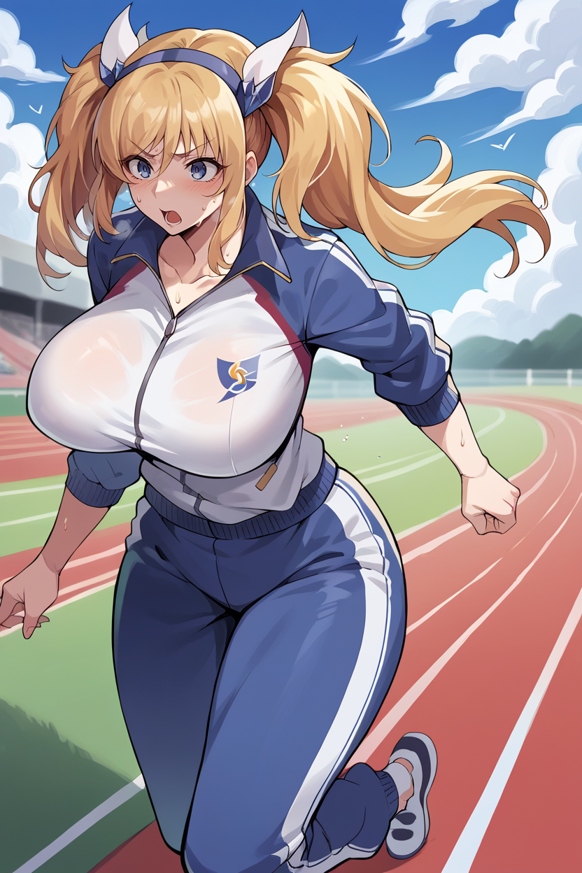 score_9, score_8_up, score_7_up, score_6_up, source_anime, BREAK 1girl, <lora:onizakikirara-pdxl-nvwls-v1-000006:1> onizaki kirara, blonde hair, twintails, large breasts, red track jacket, red track pants, running, sweat, headband, track and field, blue sky