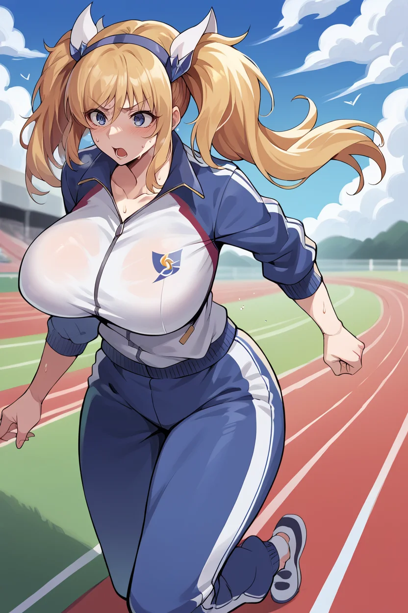 score_9, score_8_up, score_7_up, score_6_up, source_anime, BREAK 1girl, <lora:onizakikirara-pdxl-nvwls-v1-000006:1> onizaki kirara, blonde hair, twintails, large breasts, red track jacket, red track pants, running, sweat, headband, track and field, blue sky