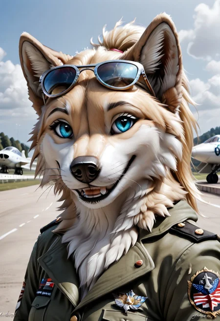 Realistic, highres, super high resolution, 8k, photo, whtfx, soft body fur, furry, anthro, detailed fur, female wolf, voluptuous figure, tufted fur, tufted ears, cheast tuft, fluffy canine tail, detailed fur, detailed body, detailed face, cute smile, blonde hair, canine teeth, golden fur, blue eyes, ponytail, whiskers, detailed background, top gun style, fighting pilot, posing on airplane runway, army outfit, sunglasses on head,