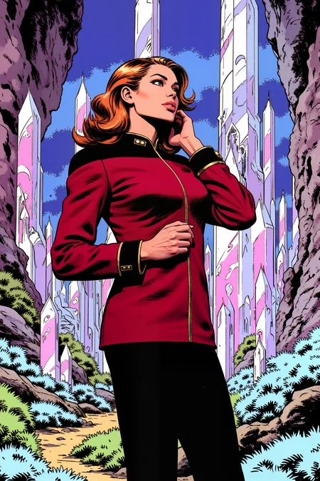 a woman in maroon TNGadm jacket with black shoulders and black pants standing with her hands up. A crystal garden stretches behind her, each formation growing in mathematically perfect patterns. , detailed background Fantastic lighting. Detailed shadows.intricate details, vivid colors, hyper-detailed, ultra-sharp,meiman_style,This is a retro comic book style digital illustration, <lora:复古美漫v2:0.4><lora:Vintage comic book:0.4><lora:RetroAnimeFluxV1:0.15><lora:Greg_Capullo_style:0.4><lora:jeanClaude_Mzires_Style_FLUX-000001:0.4><lora:Flux_Ink_Anime:0.4><lora:ST_TNG_ADMIRAL_FLUX>