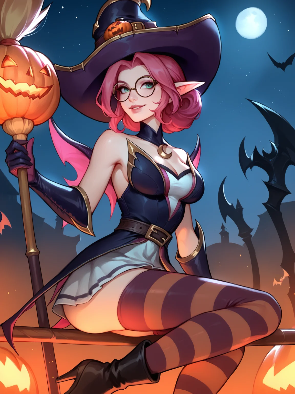 score_9, score_8_up, score_7_up, BREAK, Janna Bewitching, 1girl, solo, long pink hair, green eyes, purple witch hat, long ears, glasses, black collar, moon neackle, purple witch dress, purple gauntlet, two collor knee socks, black boots, broom with pumpkin, in dark starry sky, full moon, night, <lora:JannaBW:1>