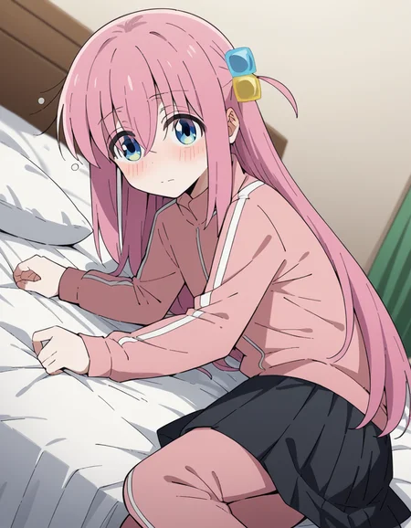 score_9, score_8_up, score_7_up, source_anime,
hitorigotou, <lora:hitori-gotou-s1-ponyxl-lora-nochekaiser:1>,
hitori gotou, blue eyes, cube hair ornament, hair between eyes, hair ornament, pink hair, one side up, long hair,
black skirt, jacket, long sleeves, pants, pants under skirt, pink jacket, pink pants, pleated skirt, skirt, track jacket, track pants, track suit,
indoors, bed, bed room, on side, blush, drunk,
cowboy shot, solo, dutch angle, looking at viewer,