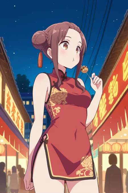 masterpiece, masterwork, best quality, amazing quality, very aesthetic, absurdres, detailed background, highly detailed, high quality, uncensored, 1girl, looking away, anime coloring, HarukaOzora, brown eyes, brown hair, hair bun, wavy sidelocks, hair pulled back, forehead, chinese dress, short dress, sleeveless, sideboobs, chinese city, night, dynamic view, intricate details, light particles, detailed background, (cowboy shot), outdoors, takoyaki, eating