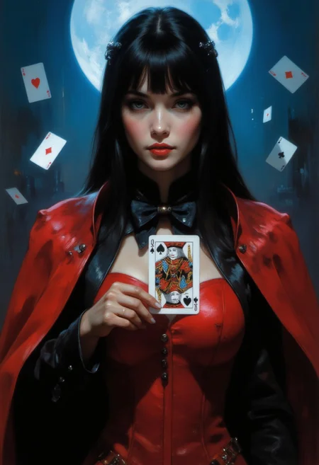 A hyper-realistic digitally drawn portrait of a young woman in a vibrant red magician's outfit, featuring a black bowtie and a dramatic red and black cape. Her straight, jet-black hair with sharp bangs partially frames her face, though her expression is obscured in soft blur. Her right hand extends toward the viewer, holding a vividly detailed "Jack of All Trades" playing card. The card and her hand are in sharp focus, showcasing her glossy white-manicured nails, which contrast beautifully with her dark attire. The rest of her face and body fade into a blurred haze, with only the card and hand remaining clear, creating a dynamic visual contrast. The background is a soft, blurred gradient of deep blue, illuminated by cinematic lighting that adds a mysterious, ethereal glow. Floating playing cards drift in the blurred backdrop, subtly hinting at movement and depth. The satin-like texture of her costume catches the light, revealing a smooth, luxurious sheen, while the lighting highlights the sharp details of her hand and card. The scene blends the allure of classic magic with modern cinematic storytelling, evoking mystery and elegance. HD, 8K quality, ultra-detailed, flawless anatomy, cinematic focus blur, digitally drawn.