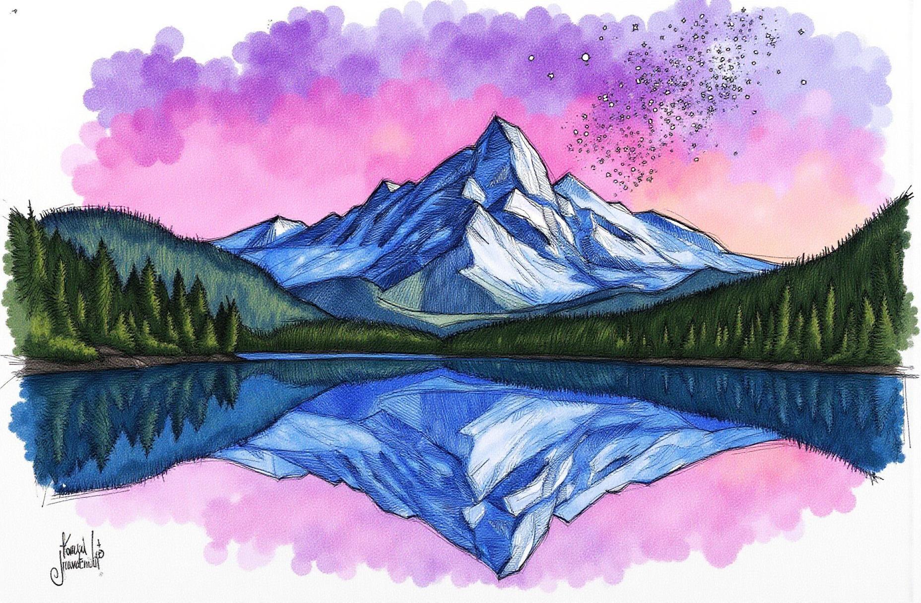 Sharp image of a rough sketch, rendered in vibrant multi colour ballpoint pen, capturing the adorable features of a beautiful landscape of a mountain range at night. The sky is filled with stars and the milky way is visible in the top right corner. The colors of the sky are predominantly pink, purple, and blue, with hints of green and yellow. The mountains are reflected in the still waters of a lake, creating a mirror-like effect. The lake is surrounded by trees and hills, and the mountains are silhouetted against the night sky. The overall mood of the image is peaceful and serene.  p3nsk, <lora:p3nsk:1>