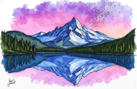 Sharp image of a rough sketch, rendered in vibrant multi colour ballpoint pen, capturing the adorable features of a beautiful landscape of a mountain range at night. The sky is filled with stars and the milky way is visible in the top right corner. The colors of the sky are predominantly pink, purple, and blue, with hints of green and yellow. The mountains are reflected in the still waters of a lake, creating a mirror-like effect. The lake is surrounded by trees and hills, and the mountains are silhouetted against the night sky. The overall mood of the image is peaceful and serene.  p3nsk, <lora:p3nsk:1>