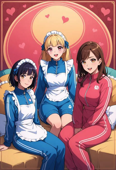 score_9, score_8_up, score_7_up,
masterpiece, best quality, detailed, amazing quality,
detailed background, colorful, border, pillows,
detailed face, detailed eyes,
dynamic pose, sitting,
3women, multiple women, happy, looking at each other,
easynegative,
ja-jimeido, frill, tracksuit, heart, maid headress, apron, bow,