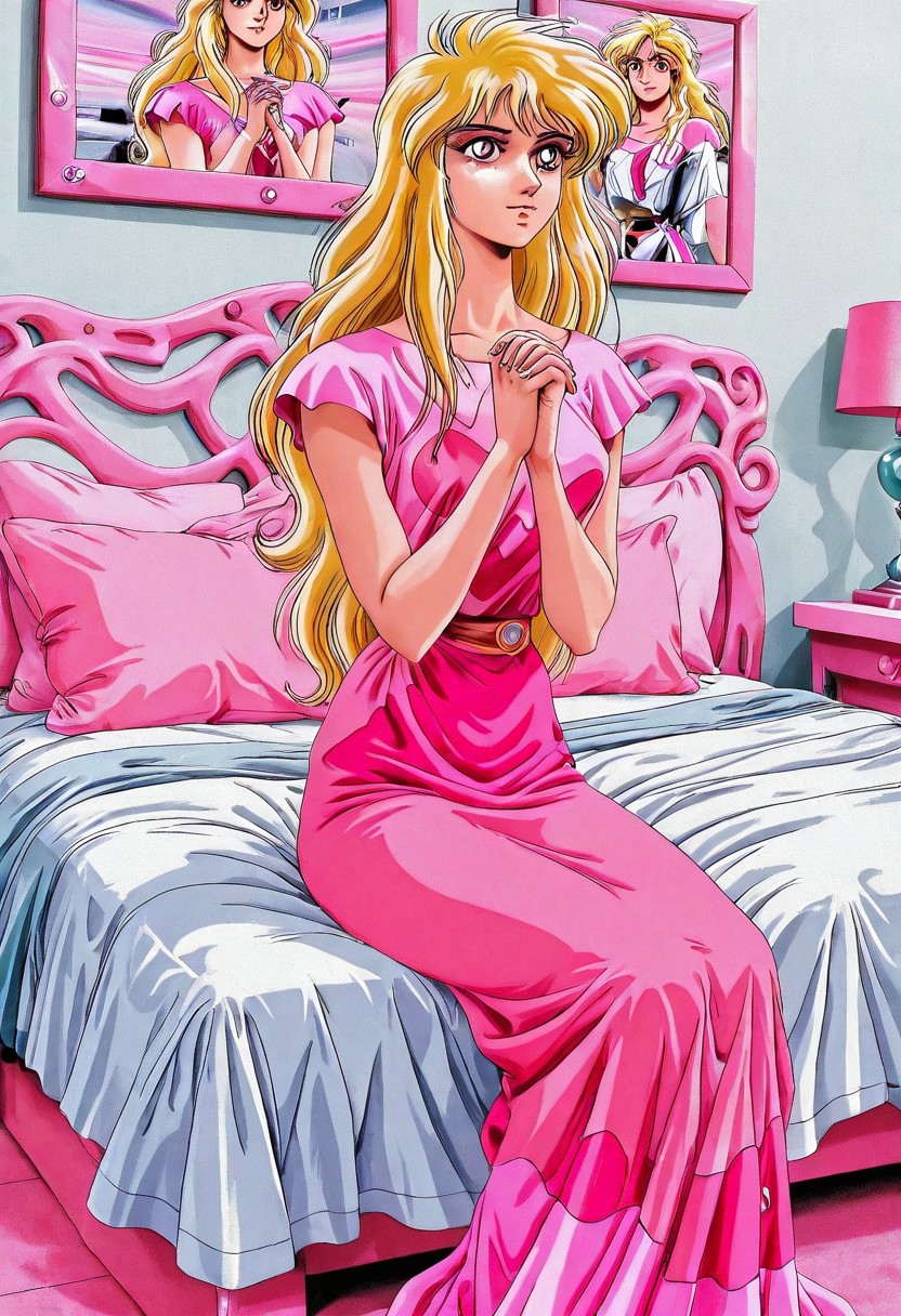 1 adult woman,
1990s (style), retro artstyle
Esmeralda,long hair, blonde hair, pink dress,
beautiful, sitting,
establishing shot, hands clasped together, 
negative space, framing device, leading lines, ray tracing,
high key,
1990s (style), retro artstyle
teal white bedroom