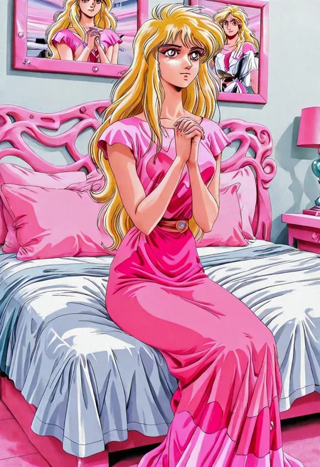 1 adult woman,
1990s (style), retro artstyle
Esmeralda,long hair, blonde hair, pink dress,
beautiful, sitting,
establishing shot, hands clasped together,
negative space, framing device, leading lines, ray tracing,
high key,
1990s (style), retro artstyle
teal white bedroom
