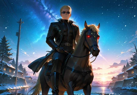 IllusP0s, PonyScores7, source_anime, ah1, IllustriousQual, interesting, exciting, spectacular, wonderful, amazing quality, absolutely eye-catching,
BREAK <lora:xl_more_art-full_v1:0.2>, <lora:aesthetic_anime_v1s:0.2>, <lora:EpicF4nta5yXL:0.2>, <lora:detailxl:0.2>, detailxl, <lora:Fant5yP0ny:0.2>, amazing quality, best aesthetic, absurdres, illustration, Volumetric_Lighting, ultra-detailed, very aesthetic, intricate details, best_quality, lazympos, <lora:Add_Details_v1.2:0.2>, <lora:quality_modifiers_masterpieces_v1:0.2>, <lora:ZootPonyAnime_V1_r2:0.2>, <lora:Bestifacator2:0.2>, anime style,
BREAK ((A miniature galaxy of twinkling stars forms above the man's hand, casting a soft, ethereal glow)),
BREAK Stable_Yogis_PDXL_Positives, AS-Adult, <lora:Complicated fantasy portrait - XL Pony V2.0:0.2>, <lora:HDA_Detailer:0.3>, AS-MidAged, ((equestrian fashion style, influenced by horseback riding, features tailored jackets, riding boots, and classic accessories, embodying sophistication and a love for equestrian sports)),
BREAK (((<lora:albertwesker-guy-PONYv1:0.8>, albertwesker, 1boy, toned, athletic, fit, mature male))), <lora:shinyskin2:0.2>, glistening skin, <lora:perfection style:0.2>, perfection style, perfection,
BREAK ((black gloves, watch, belt, black coat, black pants, black turtleneck, zipper, black boots)), ((sunglasses:1.3)),
BREAK ((slicked back hair, (short hair:1.7), blonde)), <lora:hairdetailpxl:0.2>, hairdetailpxl,
BREAK ((angular face, sharp_featured face, handsome, charming, alluring)), red eyes, glowing eyes, expressive eyes, <lora:perfect-eyes:0.4>, perfecteyes, EyesHD, <lora:DetailedEyes_xl_bdsqlsz_V1:0.2>, <lora:Eyes_Lora_Pony_Perfect_eyes:0.2>, <lora:focusoneyes:0.2>, <lora:cinematic eye color style illustrious v1:0.2>, <lora:Eyes_High_Definition:0.2>, EyesHD,
BREAK ((Rinnegan)), <lora:Expressive_H:0.2>, Expressiveh, <lora:Emotional_Anime_Expressions_PonyXL_Concept:0.2>, emotional, <lora:Best_Facial_Expression_LoRA_PONY:0.2>, looking at viewer, <lora:Detailed expressive EXEV style -XL Pony V1.0:0.2>, FaceDetail,
BREAK (((<lora:Dream_Lounge_IL:0.6>, Dream Lounge, Dream Sky backgrounds, snowing, starry sky, sunset, tree, utility pole, wall, water, wind, window, house, outdoors))), <lora:Background Detailer - SDXL:0.2>, 4k, 8k, Ultra HD, Masterpiece, Best quality, Detailed background, <lora:Add_more_details_V2_XLpony:0.2> full_details, <lora:background-type1:0.2>, <lora:AddMicroDetails_Illustrious:0.2>, addmicrodetails, SmoothNoob_Quality,