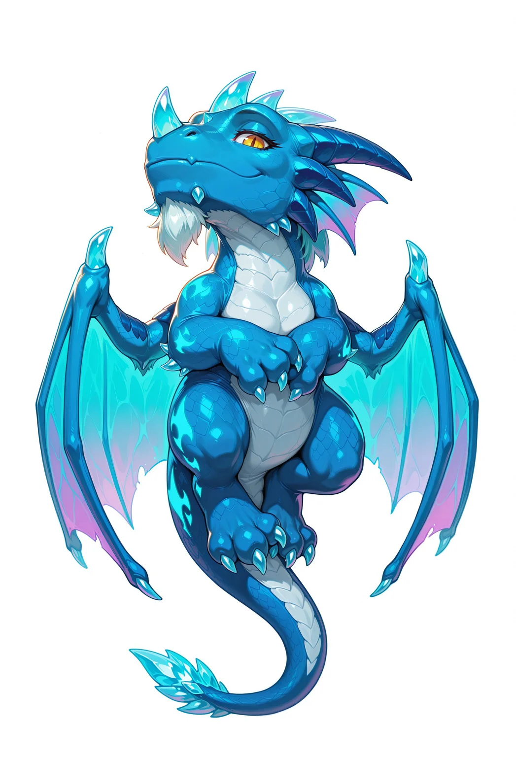 masterpiece,best quality,amazing quality, malygos,dragon, full body, solo, wings, tail, claws,, flying , simple background, white background, (chibi:0.7), looking at viewer, (3 toes), wings,(3 fingers:1.3, 3fingers), glowing markings, closed mouth,(detailed eyes), nice eyes, white beard, slit eyes, nice eyes, slit pupils,