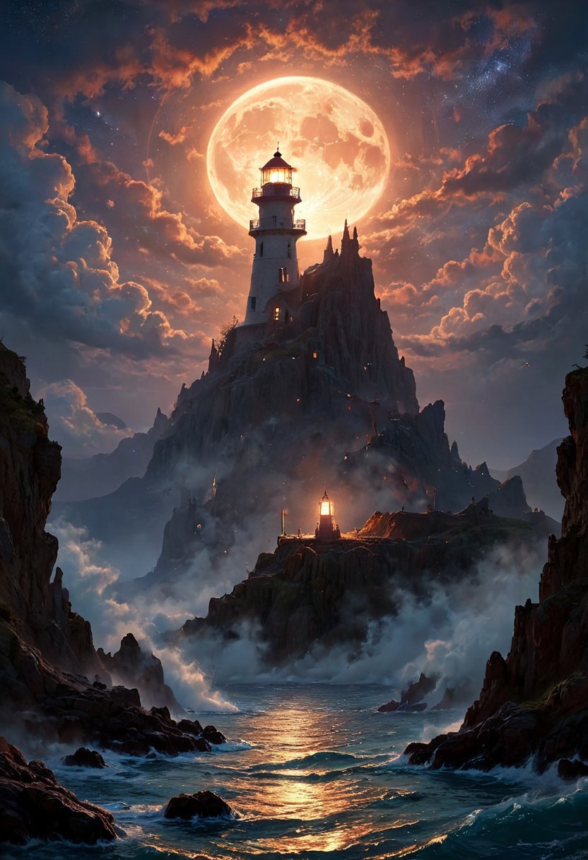 Under the eerie glow of a full moon, a dark and ominous landscape unfolds. A vibrant, colorful ship stands by the edge of a serene ocean, its vivid hues contrasting starkly with the foreboding atmosphere. In the background, a lighthouse stands atop jagged rocks, its light cutting through the darkness and reflecting off the ocean's surface, glistening in the moonlight. Thick, swirling clouds loom overhead, adding to the sense of an evil presence. The moonlight filters through the clouds, casting an otherworldly glow over the scene. A falling star streaks across the sky, adding a touch of mysticism to the night. The air is thick with a sense of ancient secrets and dark magic, as if the very night is alive with hidden power.  romantic impressionism,dream scenery art,beautiful oil matte painting,romantic,style of thomas kinkade,beautiful digital painting,anime landscape,romantic painting,dreamlike digital painting,colorful painting,beautiful gorgeous digital art,style of greg rutkowski,janek sedlar,jenny saville