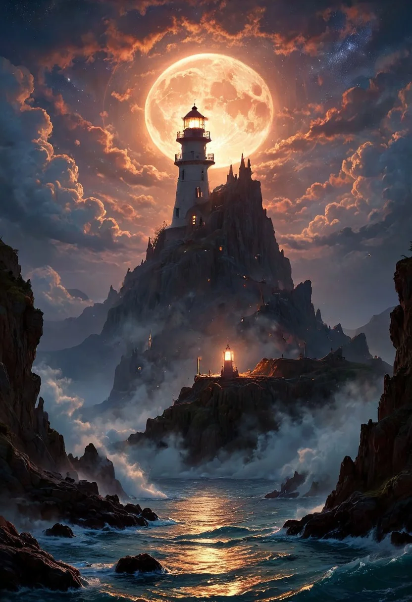 Under the eerie glow of a full moon, a dark and ominous landscape unfolds. A vibrant, colorful ship stands by the edge of a serene ocean, its vivid hues contrasting starkly with the foreboding atmosphere. In the background, a lighthouse stands atop jagged rocks, its light cutting through the darkness and reflecting off the ocean's surface, glistening in the moonlight. Thick, swirling clouds loom overhead, adding to the sense of an evil presence. The moonlight filters through the clouds, casting an otherworldly glow over the scene. A falling star streaks across the sky, adding a touch of mysticism to the night. The air is thick with a sense of ancient secrets and dark magic, as if the very night is alive with hidden power. romantic impressionism,dream scenery art,beautiful oil matte painting,romantic,style of thomas kinkade,beautiful digital painting,anime landscape,romantic painting,dreamlike digital painting,colorful painting,beautiful gorgeous digital art,style of greg rutkowski,janek sedlar,jenny saville